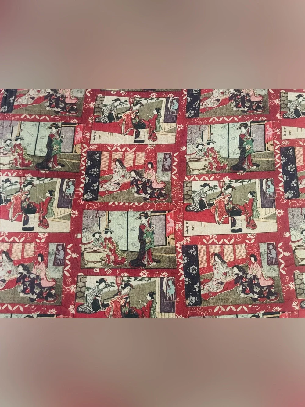 Japanese Duvet Geisha Scenes Ukiyo-e Style Cotton Red Black Green RARE Queen Sz